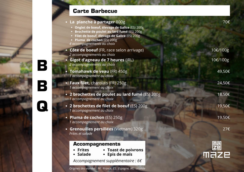 La carte BBQ pour les brasero du Maze à Limonest